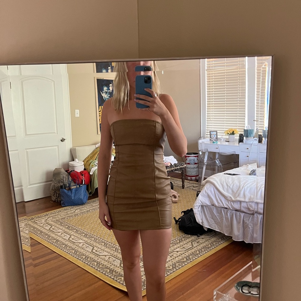 Strapless tan/brown leather dress